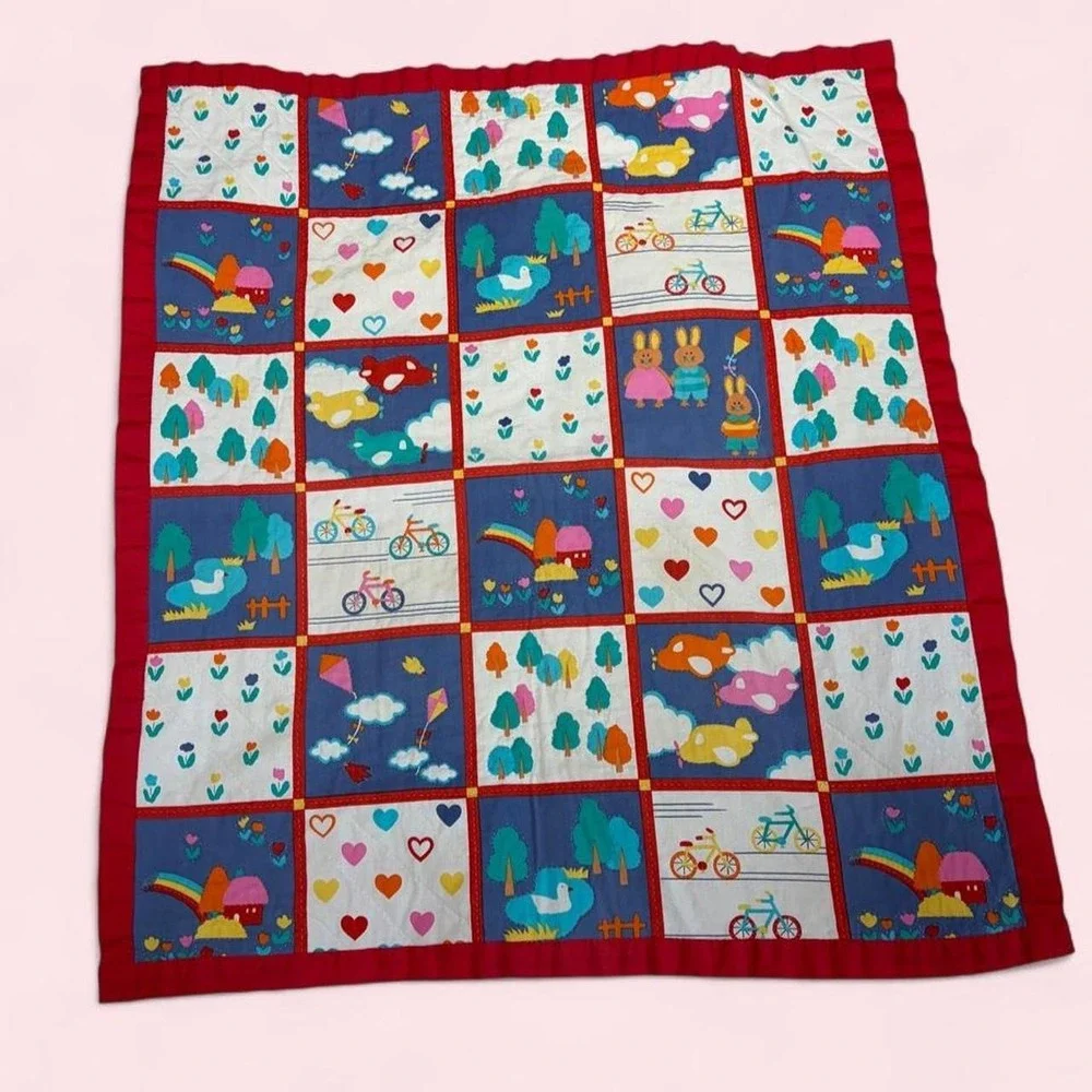 Handmade Vintage Style Patchwork Baby Quilt Red Multi Animal Rainbow 33x30